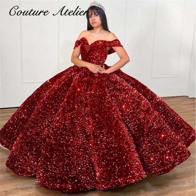 Lady in red - Queen style sleeves red sparkle ball gown wedding dress with  beadings & glitter tulle | Red ball gowns, Ball gowns, Ball gowns wedding