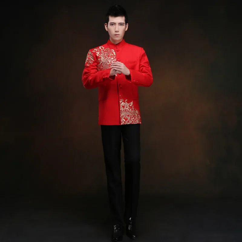 

red tunic men traditional chinese male oriental mens clothing shanghai tang cheongsam top wedding chinese tang suit for men