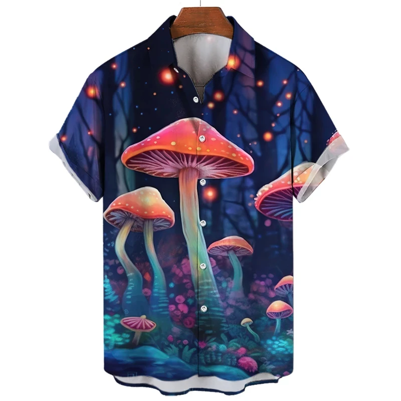 thumbnail image 1 of Camisa con estampado 3D de hongos para hombre, camisas casuales de moda de manga corta para playa, blusas de calle para hombre, camisas de gran tamaño con botones, blusas, 1 of 4