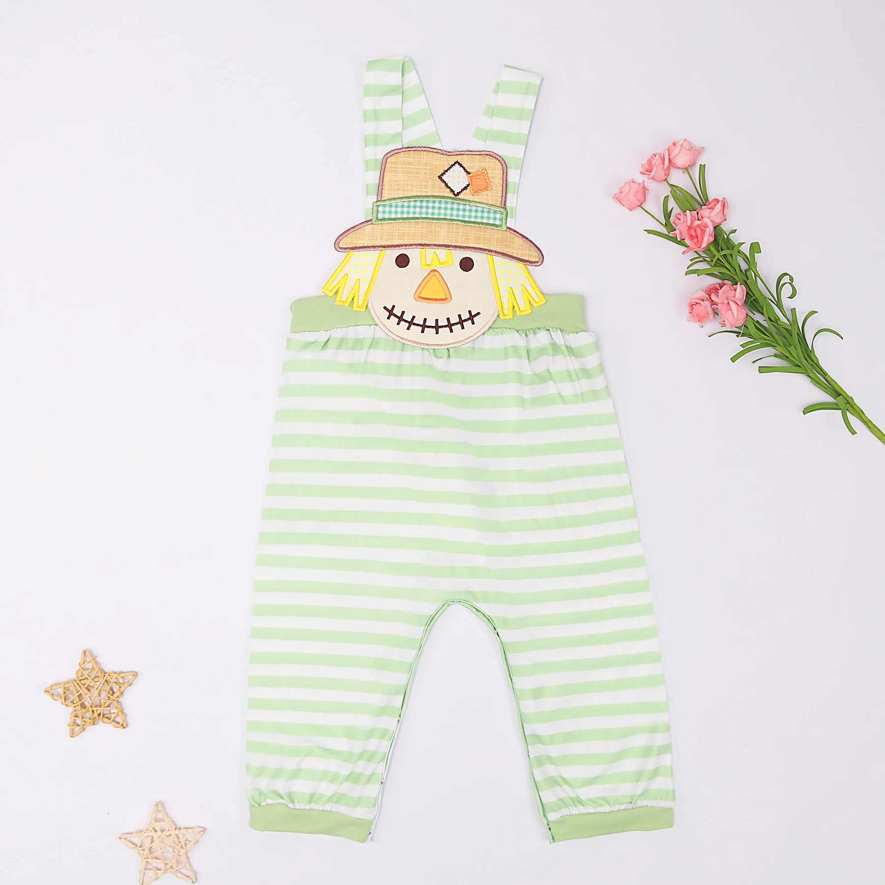

Green Stripe Style Children Scarecrow Applique Sleepwear Baby Boy Clothes Bubble Cotton Boutique Sweet Ropmer For 0-3m