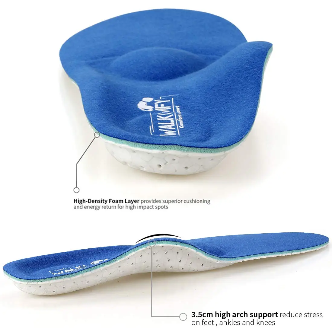 Walkomfy Plantar Fasciitis Pain Relief Orthotics-Flat Feet Arch Support Insoles Shoe Insert For Walking,Running,Hiking Men Women