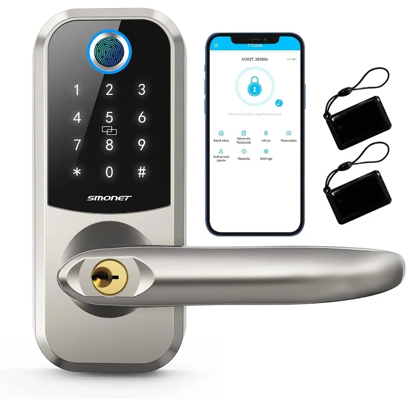 

Keyless Entry Door Lock with Handle - SMONET Fingerprint Smart Door Locks with Keypad, Bluetooth Front Door Lock, Biometric