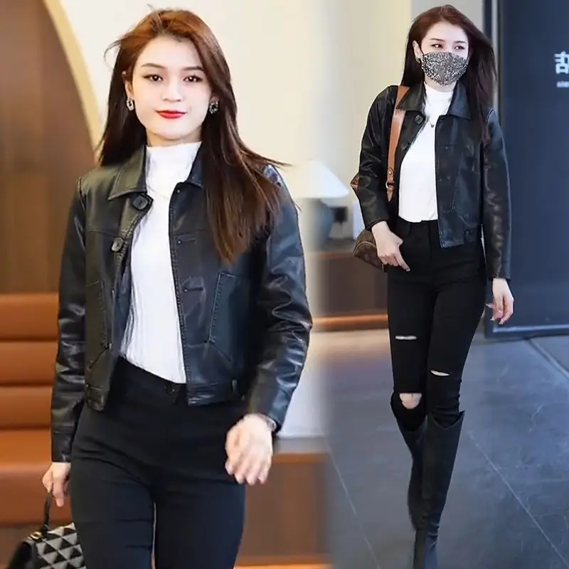 2023 Spring Autumn New Wome Fashion PU Leather Short Coat Korean Style Loose Large Size Casual Outwear Female Solid Color Jacket