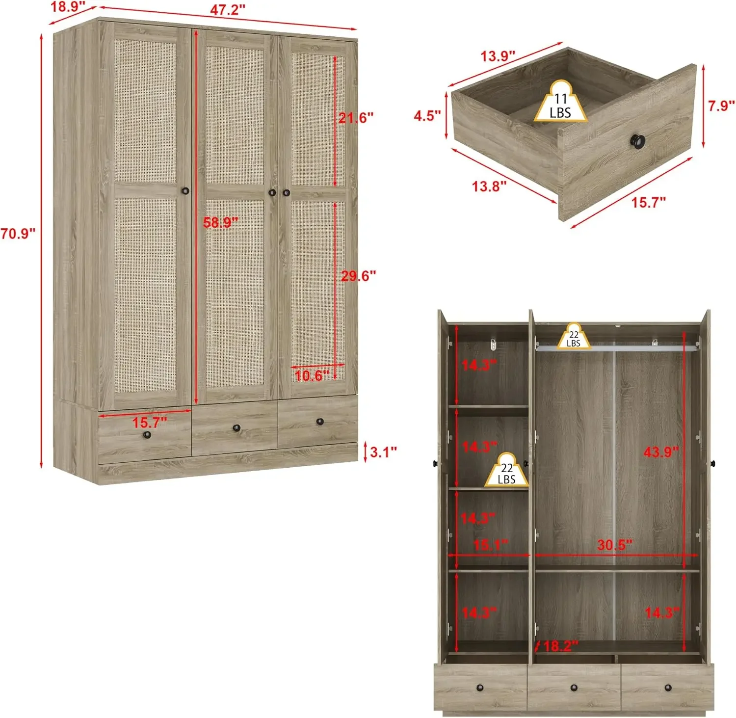 NEW-Ratten Wardrobe Armoire Closet,3 Door Rattan Closet Wardrobe Cabinet with 3 Drawers&Hanging Rod,Storage Wardrobe Armoire Dre