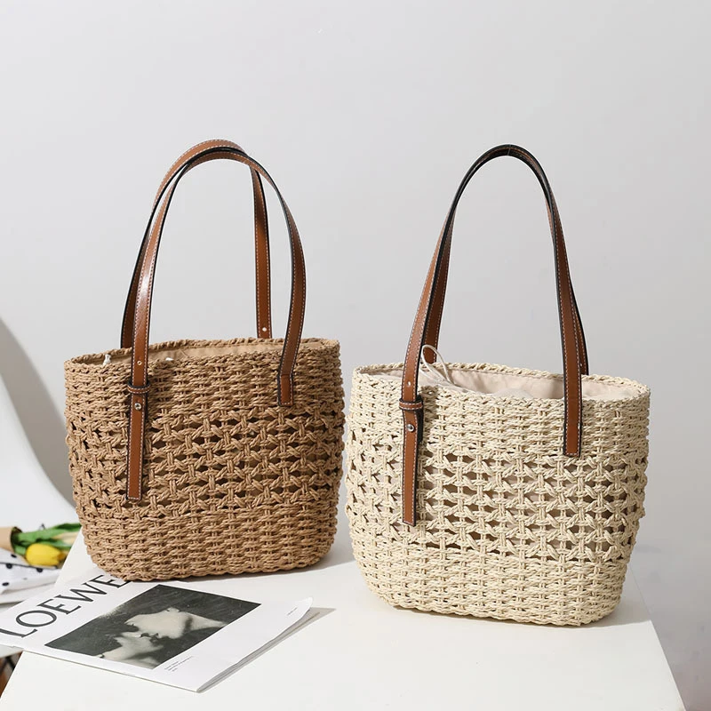 Solid Color Large Capacity Women's Beach Vacation Bag Internet Red Handheld Grass Woven Tote Bag
