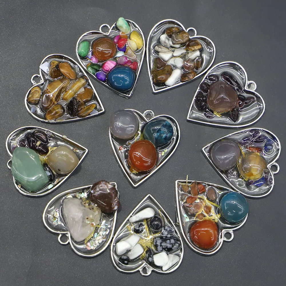 

New Natural Crushed Stone Heart Shaped Pendants Multicolor Necklace Reiki Charms DIY Fashion Jewelry Accessories Wholesale 12Pcs
