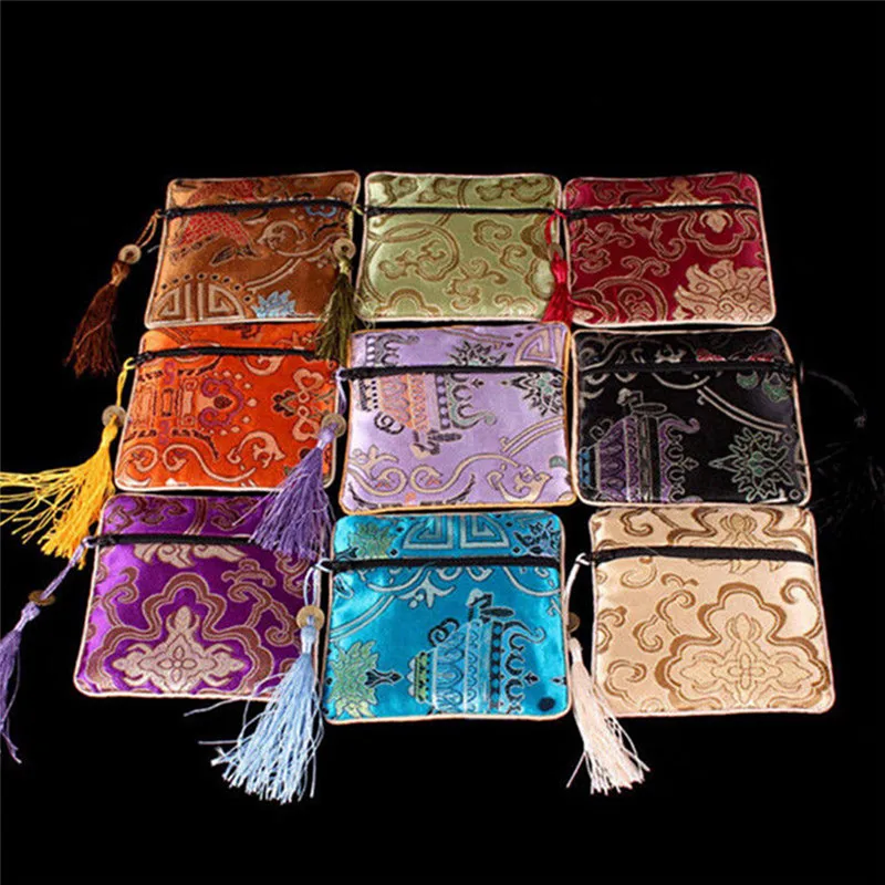 10PCS Mix Colors Chinese Zipper Coin Tassel Silk Square Jewelry Bags Pouches