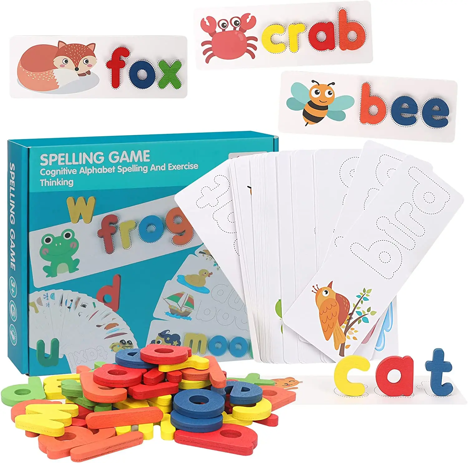 

Wooden Toddler See and Spelling Learning Toy Matching Alphabet Word Game with 56 Different Words on 28 Two-Sided Cognitive Cards
