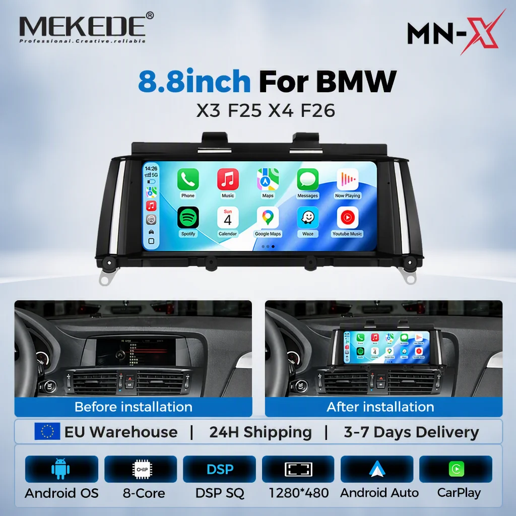 MEKEDE Pantalla Multimedia Inalámbrica CarPlay Android Auto de 8.8' para BMW X3 F25 X4 F26 con Sistema NBT Android, Radio para Auto Todo en Uno, Navegación GPS de 8 Núcleos, Compatible con Cambio de Sistema Dual, WIFI 4G BT 1080P AHD 1