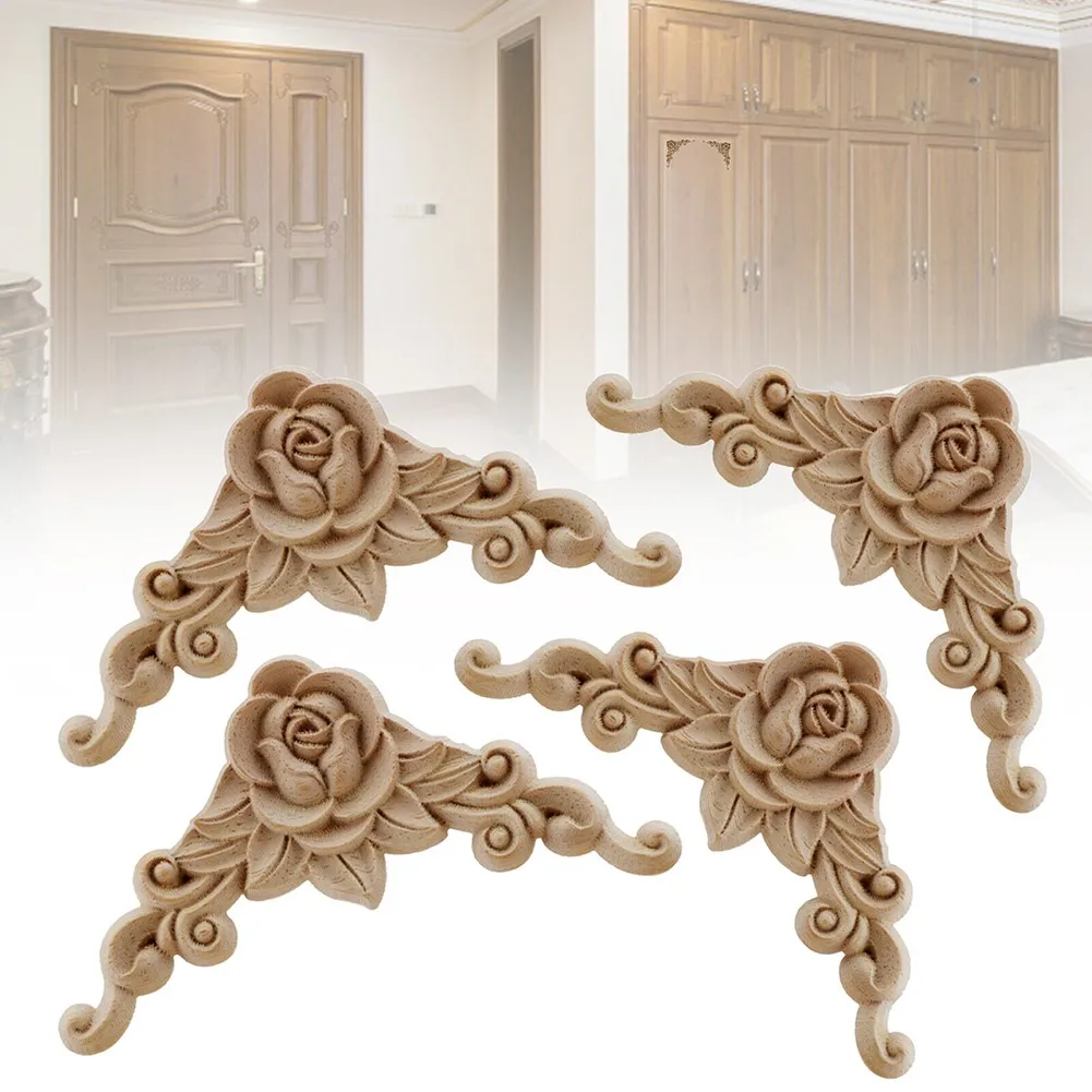 

Onlay Applique Wooden Carved Corner 4 Pcs/set 8*8cm For Door Decor Furniture Mouldings Decal Home Decor Unpainted Useful Hot