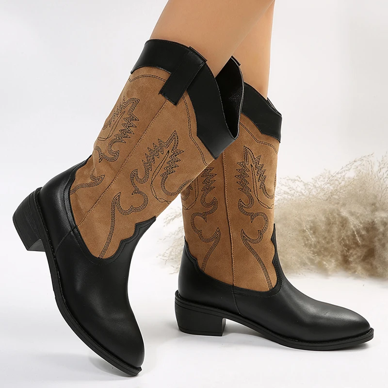 

Женские ковбойские ботинки в стиле ретро с вышивкой, осень 2023, искусственная кожа, на толстом каблуке, женские ботинки без шнуровки, с острым носком