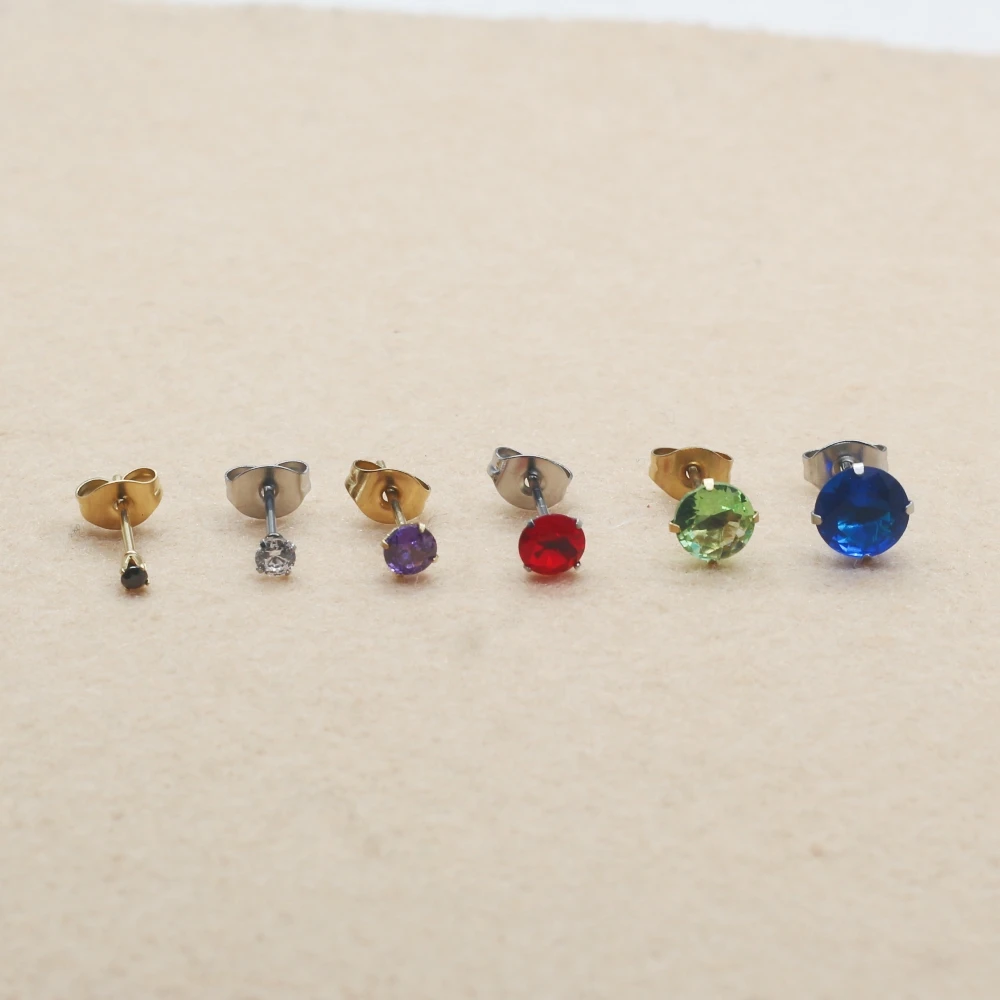 1 Paar 2/8 mm minimalistische Ohrstecker aus klassischem Edelstahl mit mehrfarbigen Zirkonen, Push-Back-Ohrstecker für Männer und Frauen – Detail 2