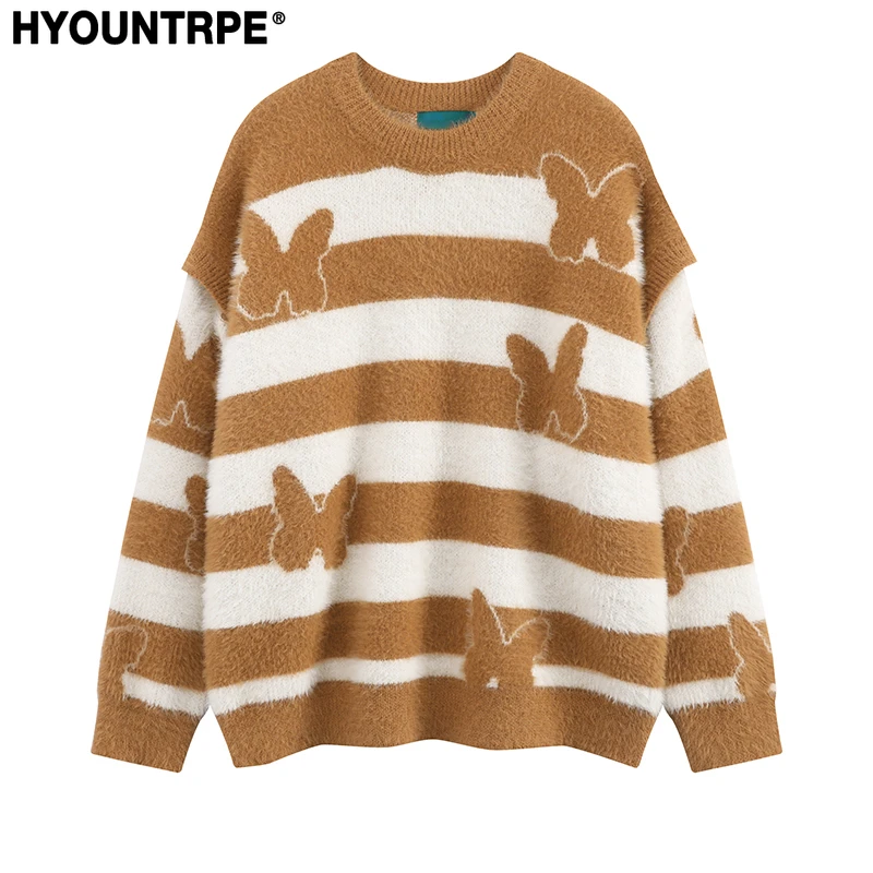 Fashion Striped Sweaters Women Casual Botton Open Sleeves Butterfly Knitted Streetwear Y2k Warm Furry O-neck Pullover Knitwear
