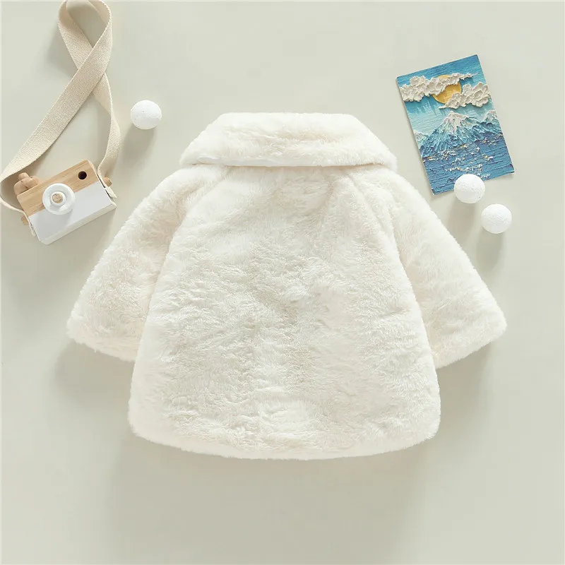 0-18months Baby Girl Winter Jacket Solid Color Wide Lapel Long Batwing Sleeve Fur Coat For Girl Pearl Decoration Snow Wear Cloak Winter Coat