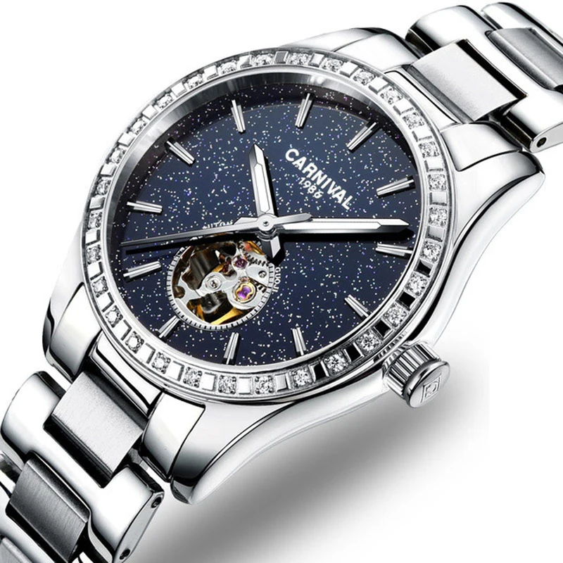 CARNIVAL Luxus Automatische Mechanische Frauen Uhren Mode Diamant Damen Starry Sky Uhr Wasserdichte Weibliche Uhr Für Geschenk_voghion.com