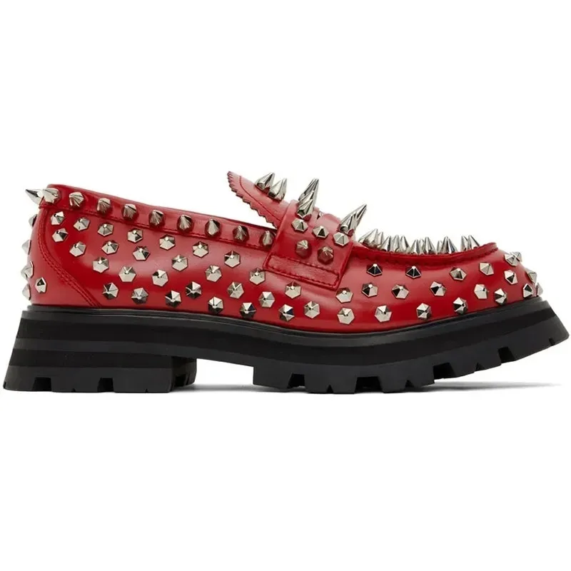 

Handmade Studs Spike Men Shoes Red Leather Loafers Thick Sole Shoes Runway Rivets Party Fashion Formal Male Wedding Shoes