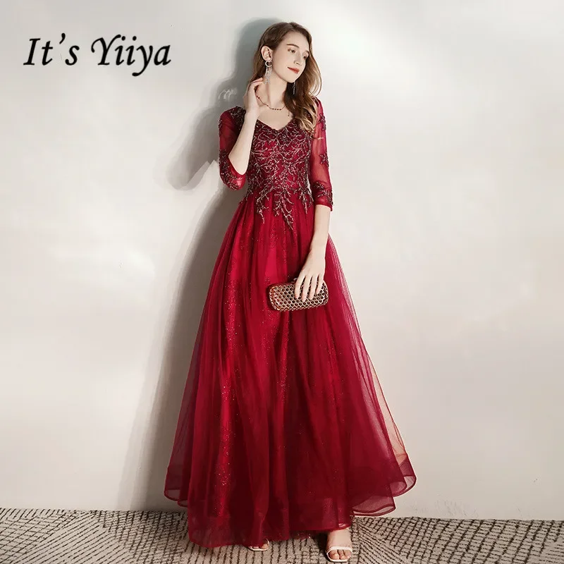 

Clearance Quality Evening Dress Burgundy Beads Appliques V-neck Half Sleeves Lace up A-line Floor-length Women Party Formal Gown
