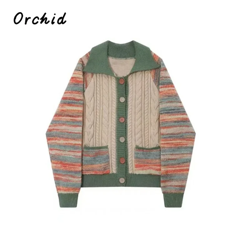 

2023 Winter Vintage Women Kink Knitting Single Breasted Lapel Coat Classic Contrast Color Striped Long Sleeve Knitted Cardigan