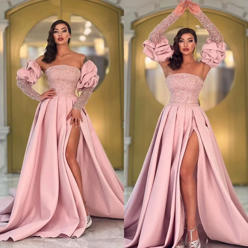 

Ball Sparkle Strapless Gown Prom Dresses Beading Satin Formal Occasion Robe Femme Soirée Vestido فساتين سهره نسائيه فخمة