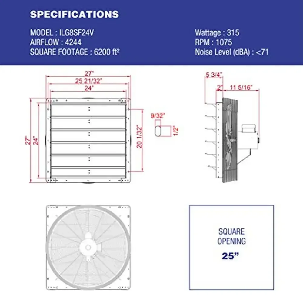 24" Wall Mount Exhaust Fan Variable Speed Vent Home Attic Garage Shutter Fan Cooling & Ventilation