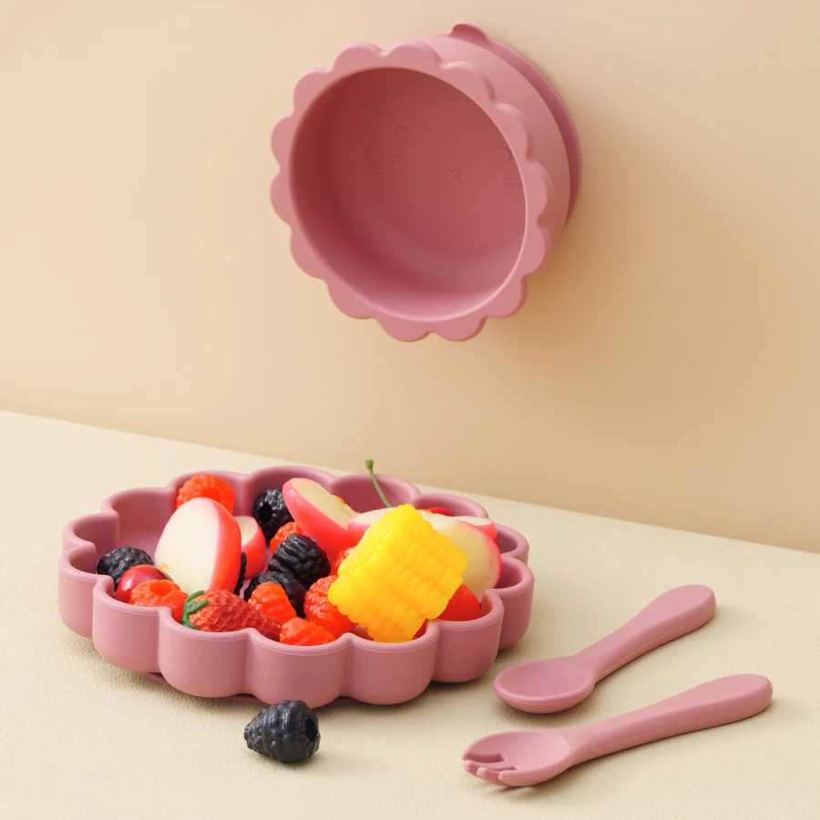 4PCS Silicone Baby Tableware Set Lion Shape Plate Bowl Soft Spoon Fork Feeding Trianing Baby Dining Plate Suction Baby Dishes 3