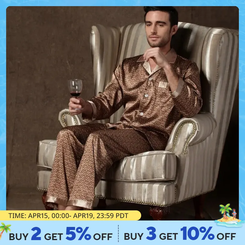 Mens Stain Silk Pajama Sets Pajamas Men Sleepwear Printed Silk Nightgown Home Male Satin Soft Cozy Sleeping Pajamas