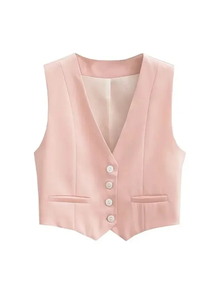 Aoaiiys Vest Women Cropped Waistcoat Fashion Front Buttons Tops Vintage V Neck Sleeveless Female Outerwear White Chic Vests New 5