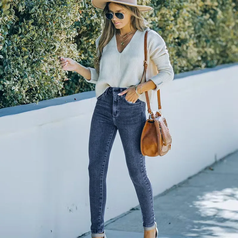 Blue Ladies Jeans High Waist Slim Skinny Blue Pants Long Length Stretchy Women Jeans Trousers