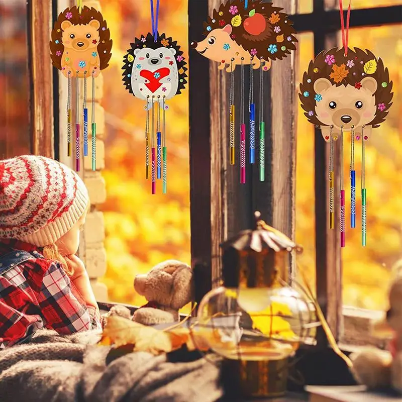 Wooden Wind Chimes Kids Craft Hedgehog Wind Chime Painting Set Painted Pendant Craft Set Handmade Butterfly Design Room Decor 3
