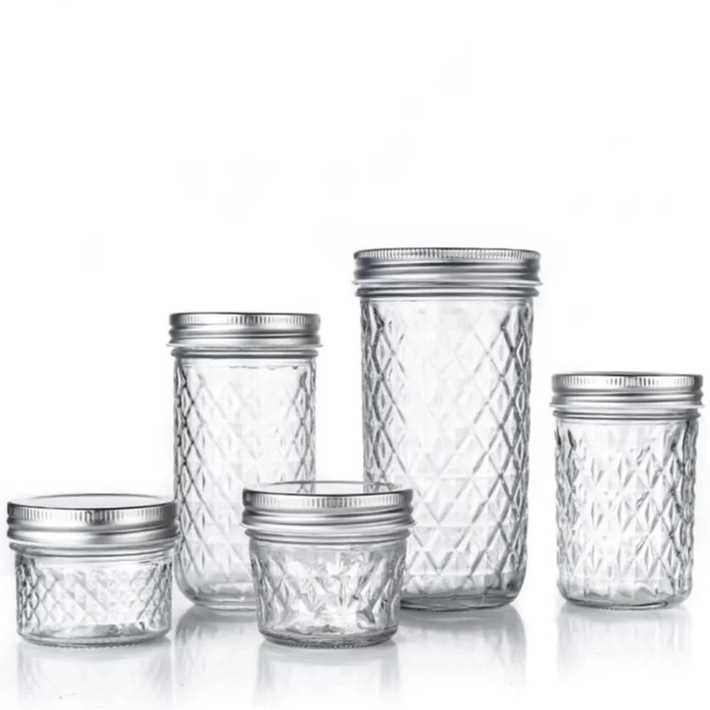 120ml-650ml Transparent Glass Sealed Bottle Mason Jar Diamond Pattern Jam Juice Bottle Labelable Seal Bottle Kitchen Tool 6