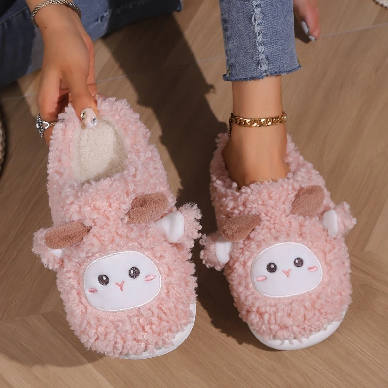 Autumn Winter Women Cute Sheep Slippers Females Home Indoor Fluffy Warm Slides Men Plush Cartoon Flip Flops Couples Soft Shoes 4
