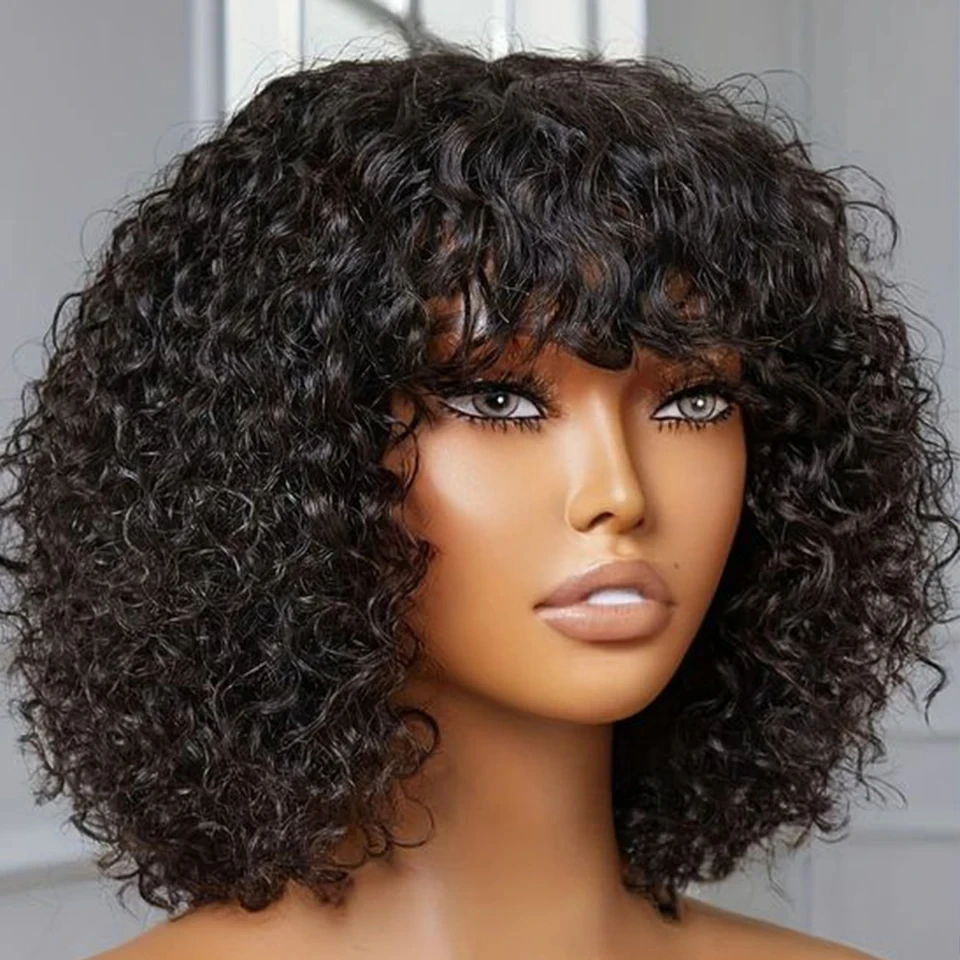 Human hair wigs short natural pixie bob jerry curly cut with bangs Brazilian highlight colored for women