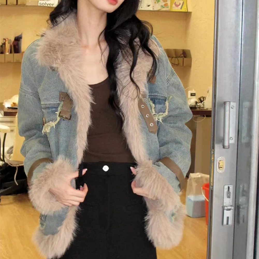 

Winter Denim Stitching Faux Mink Fur Jacket Plus Velvet Thickening Warm Fox Fur Jean Coat Cotton Padded Liner Ins Cardigan Tops