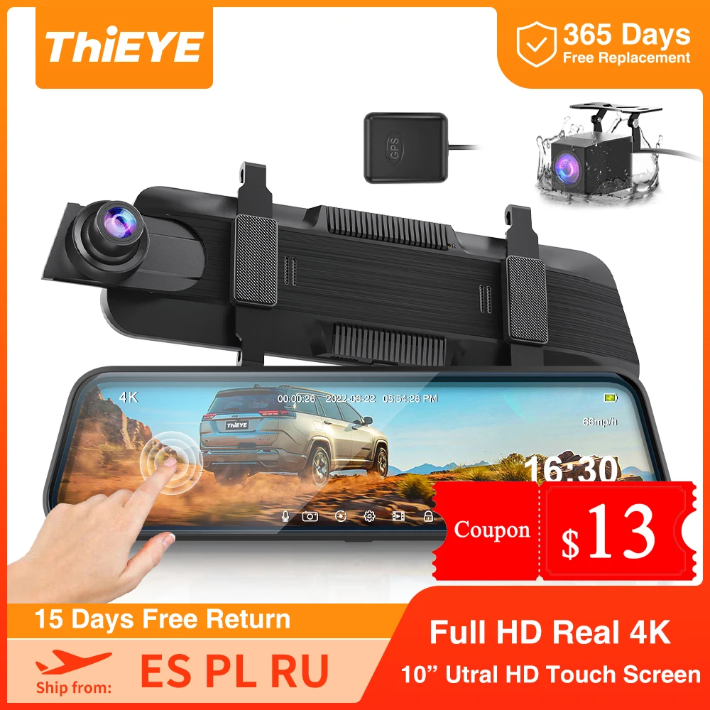 Thieye Carview 4 Dashcam 4K Videorecorder Nachtzicht Dual Lens Spiegel Dvr  Met Gps Auto Camera Recorder Achteruitrijcamera Voor Auto