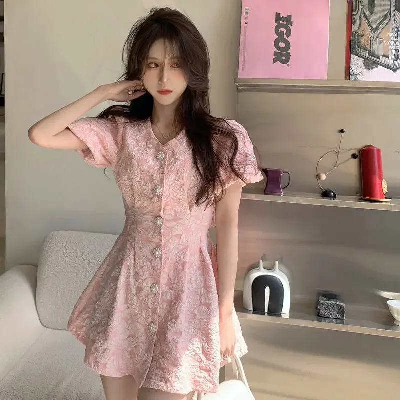 

Fashion Puff Sleeve Button Dress 2024 new Mini Halter V-neck Summer Party White Elegant Pink Korean Robe Femme Vestidos