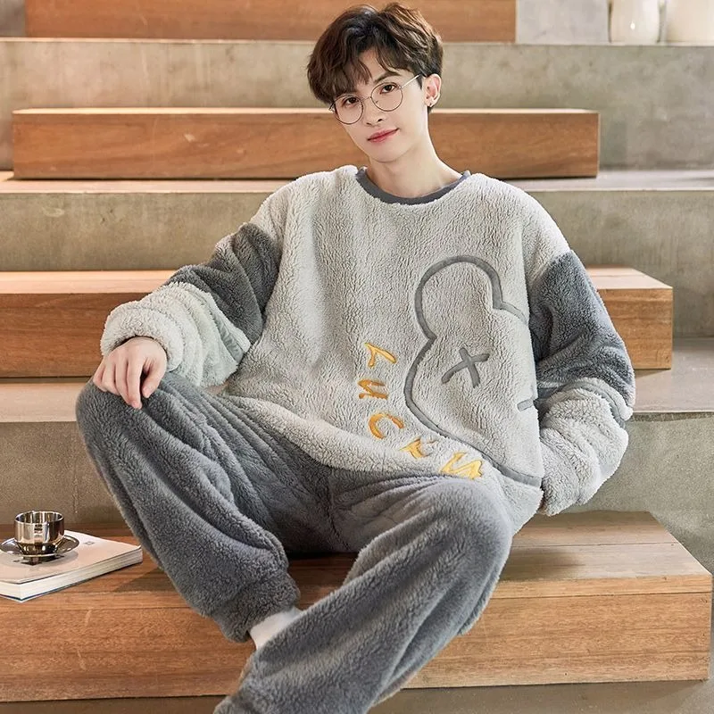 2023 New Coral Fleece Pajamas Men's Autumn Winter Thick Fleece Loungewear Cartoon Pullover Flannel Round Collar Sleepwear Set 2023 new winter pajamas women coral fleece cute cartoon fleece thick warm long sleeve trousers winter flannel loungewear