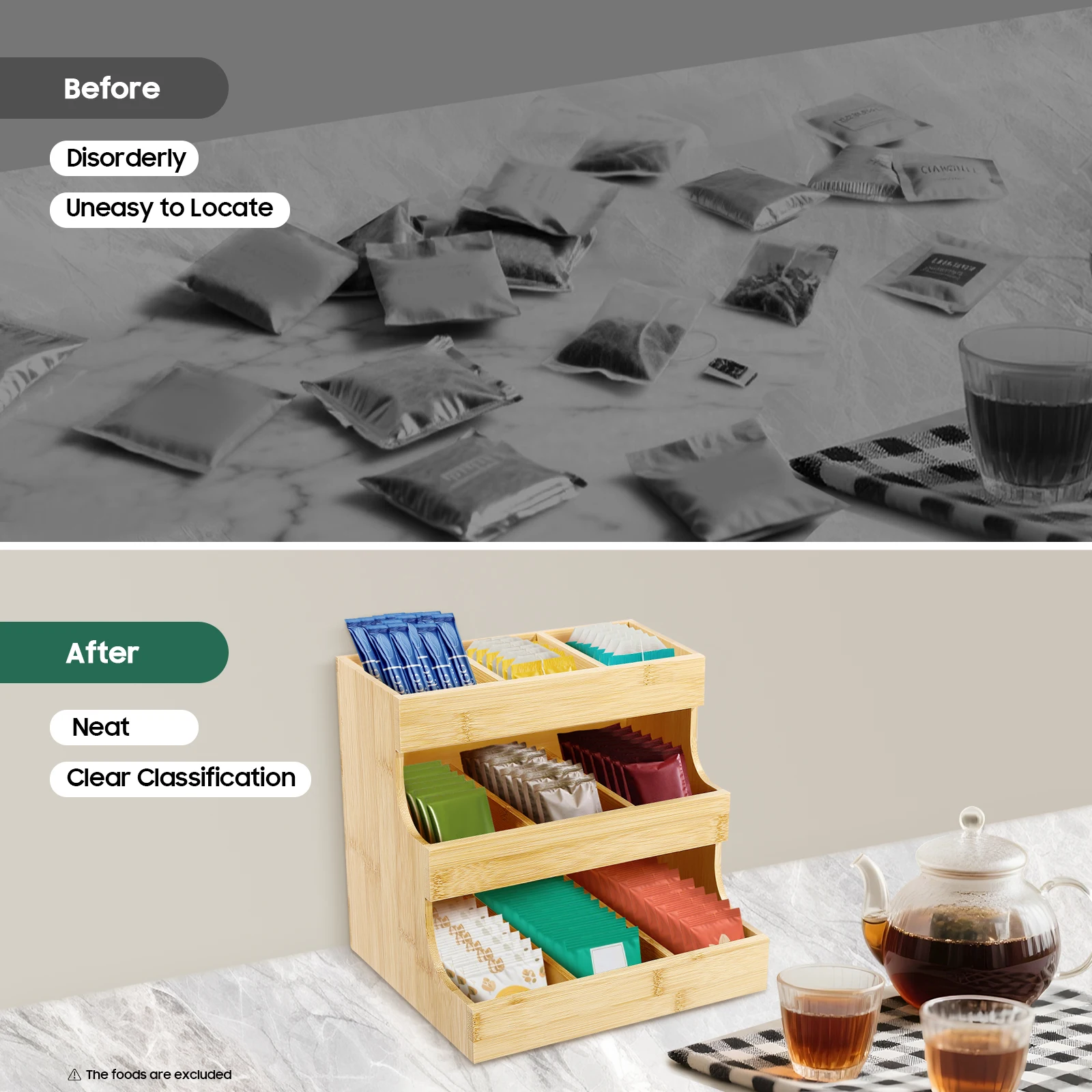 9-Fach Bambus-Regal Teebeutel-Organizer Kaffeepads-Halter Gewürzbeutel-Aufbewahrungsbox für Zuhause Büro Café – Detail 1