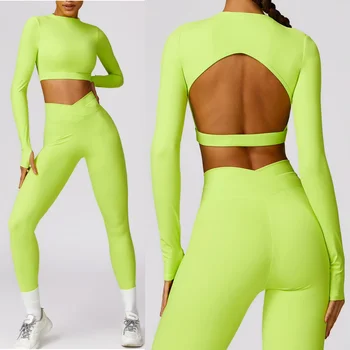 long sleeve gym wear apparel thumbhole v neck legging 2 piece set training shirt high- pant sweat wicking yoga set 2