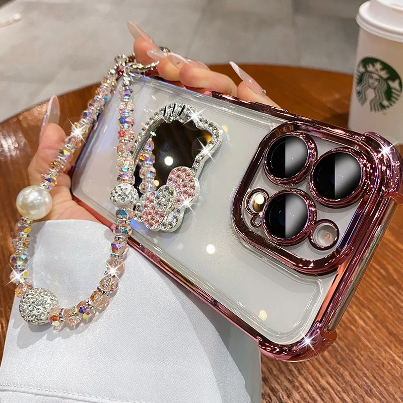 Kitty Mirror Electroplate Shockproof Phone Case with Bracelet