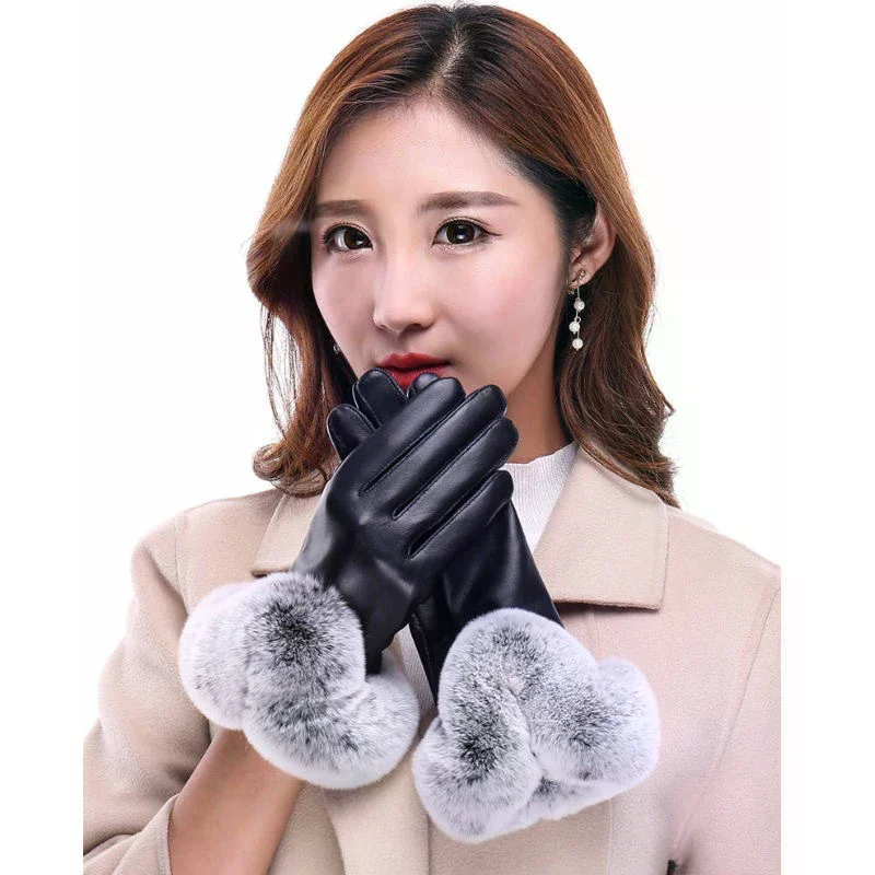 여성용 겨울 따뜻한 장갑 1쌍 여성용 블랙 PU 가죽 장갑 가을 겨울 따뜻한 토끼털 장갑 보온 장갑