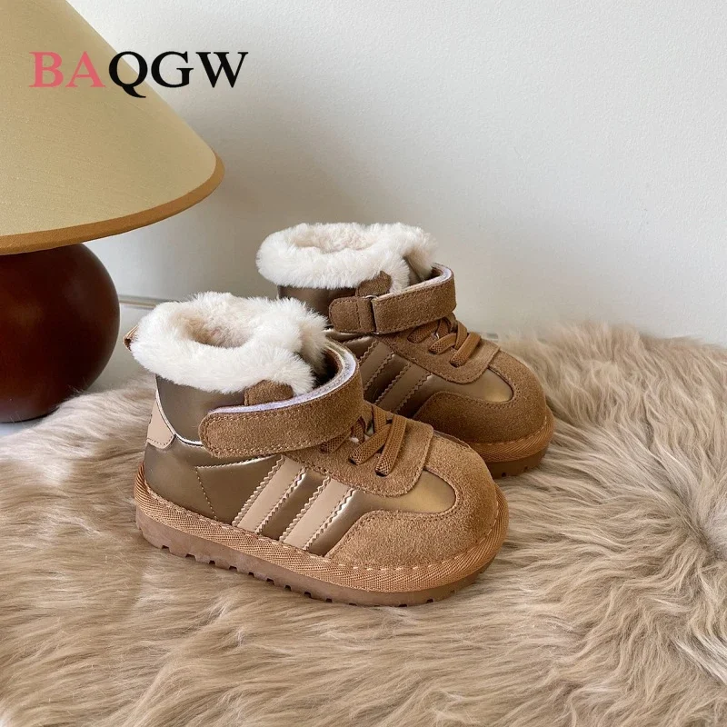 Baby Shoes Baby Boots Winter Snow Boots Autum Winter Children Snow Boots Boys New Striped Design Warm Plush Snow Boots Girls Patchwork Non-slip Infant Size 15-30