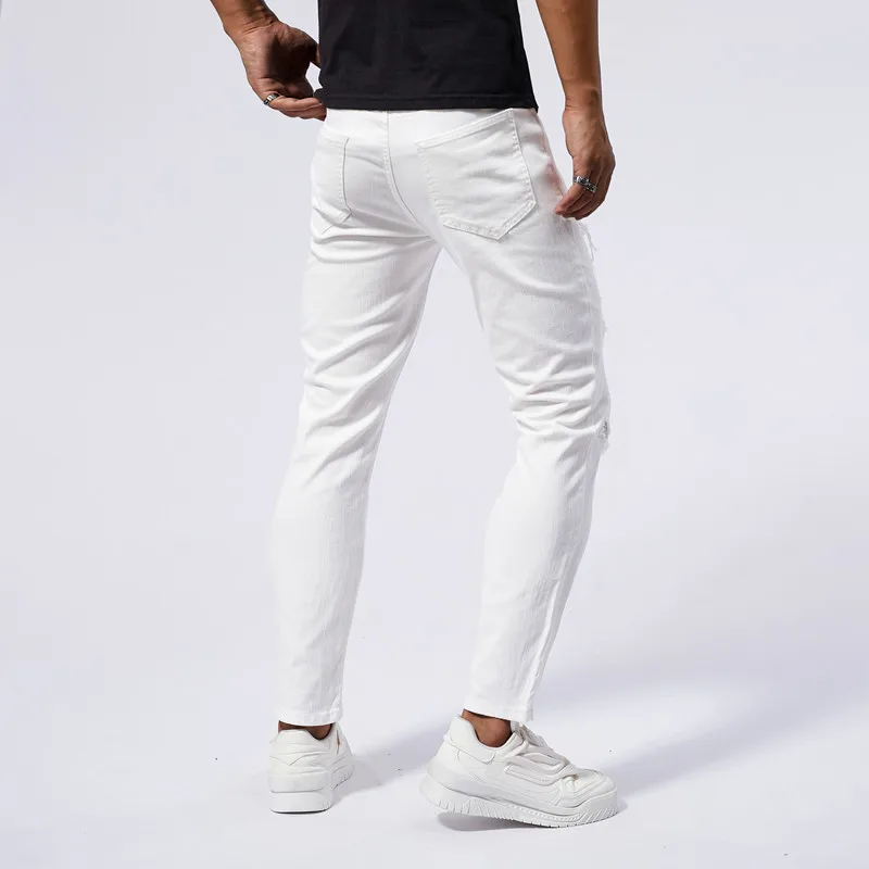 Rhinestone White Jeans with Men's Broken Hole Patch Design for Street Fashion High end Slim Fit Small Foot Elastic Tight Pants