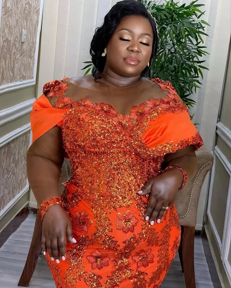 Orange Aso Ebi Lace Mermaid Prom Dresses Sheer Neck Plus Size Cap Sleeve  Evening Gowns Saudi Arabia Sweep Train Party Dress - AliExpress 320