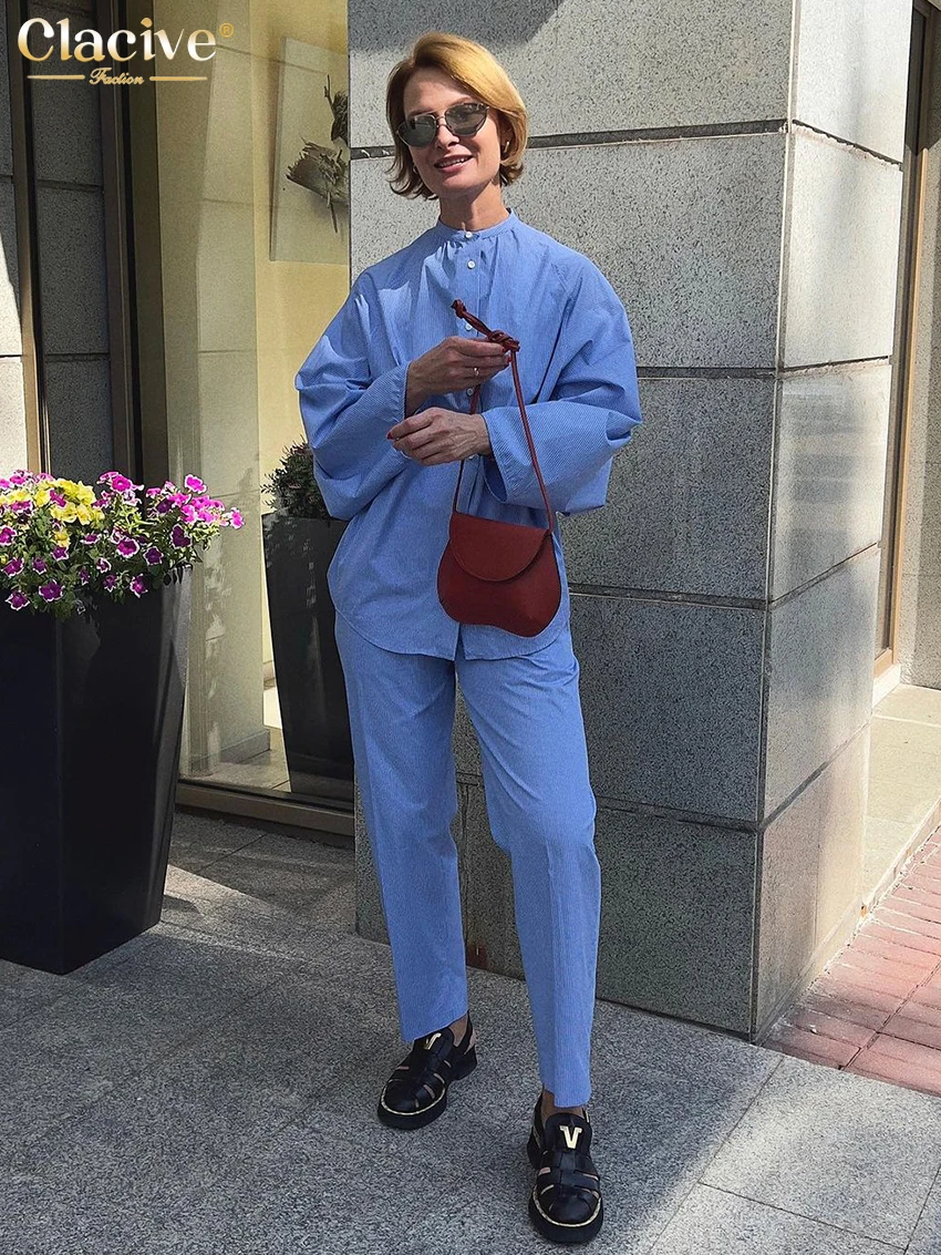 

Clacive Fashion Loose Blue Cotton Trousers Sets For Women 2 Pieces Casual Long Sleeve Shirt With High Waist Pants Set Female