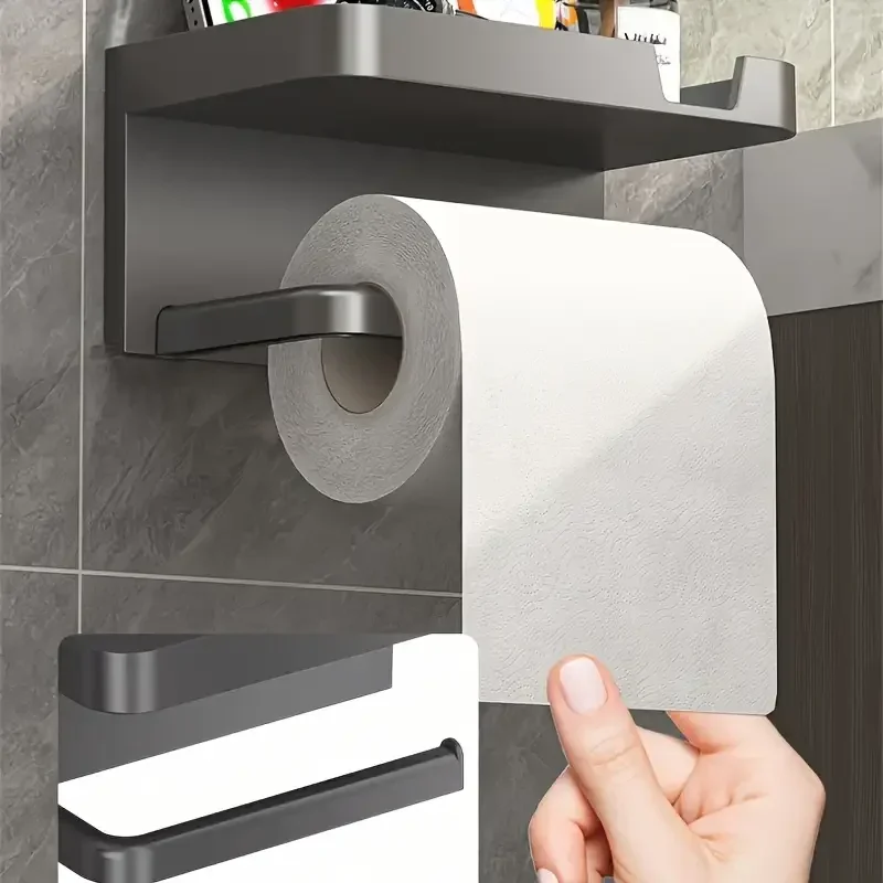Wall Mounted Toilet Paper Holder Durable ABS Plastic No Drill Adhesive Tissue Rack Space Saving Storage Shelf Waterproof Material