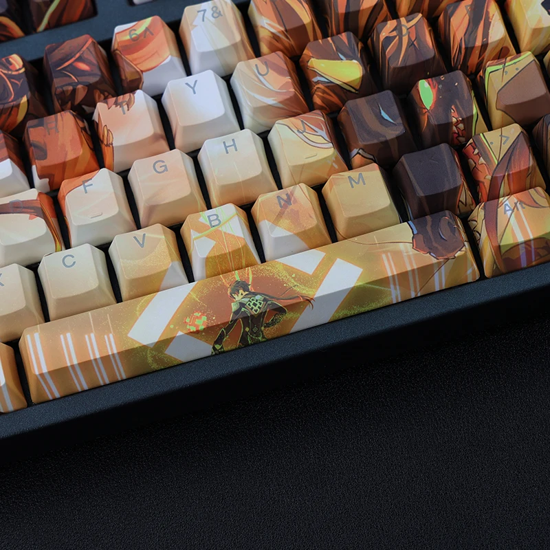 Chaves Conjunto Lados Pbt Tintura Subbed Keycaps Anime dos Desenhos Animados Gaming Keycap Backlit para Genshin Impacto Morax 108 - Imagem 4