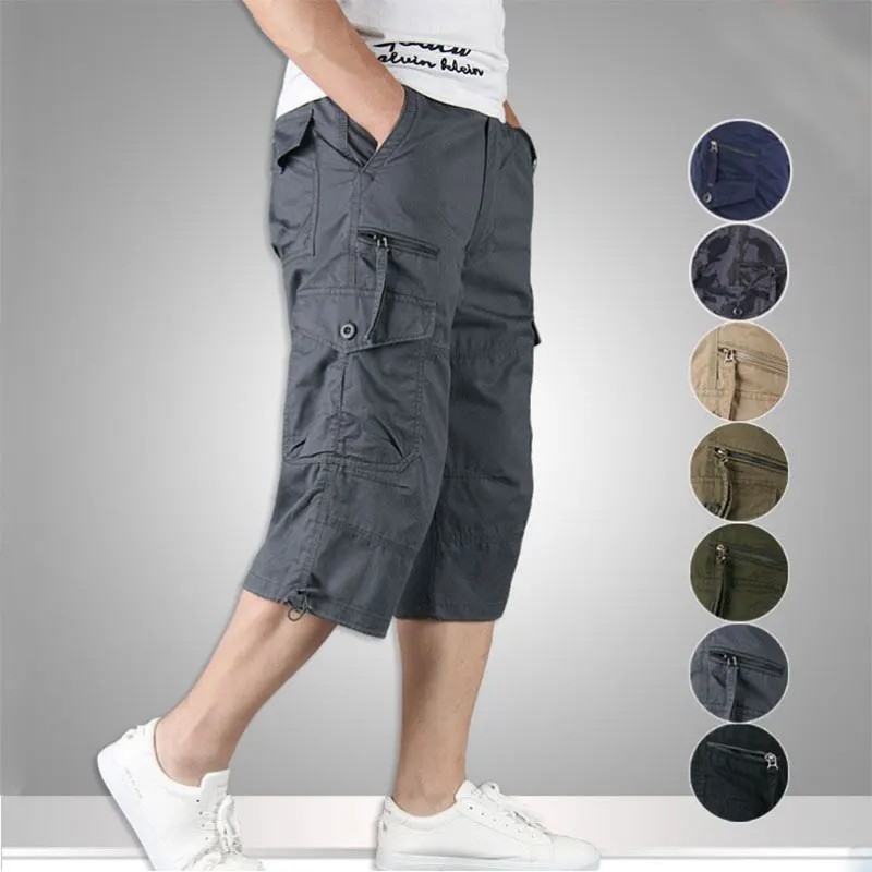2022 Summer Men's Casual Cotton Cargo Shorts Long Length Multi Pocket