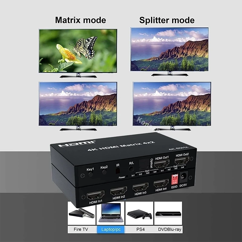 Фото Матричный HDMI-переключатель 4K 60 Гц, Матрица 2x4 4x2, HDMI-переключатель, сплиттер 2 в 4 выхода с R/L аудио экстрактором, видео-и аудиопереключатель, конвертер №4