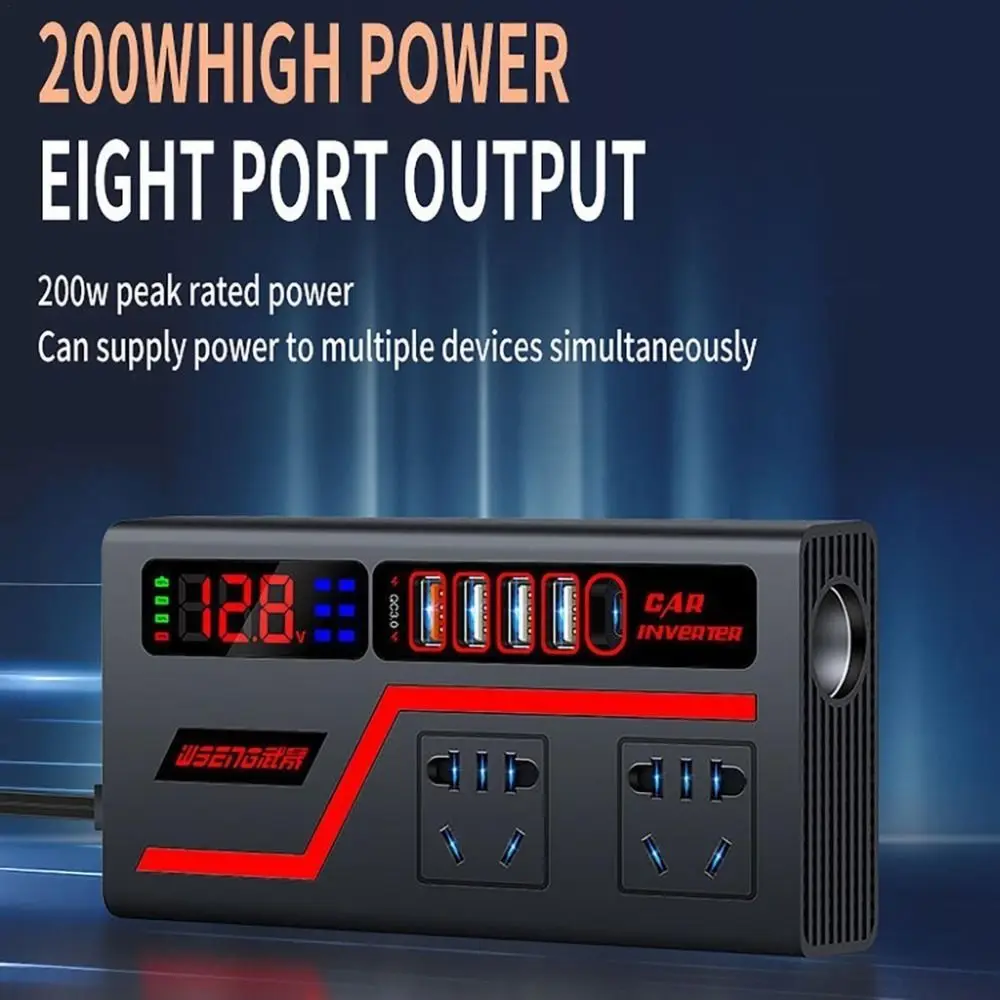 유니버설 차량용 인버터 DC 12V/24V to 220V 200W 고출력 차량용 변환기 디지털 디스플레이 QC 3.0 USB/타입 C 충전기 전원 어댑터