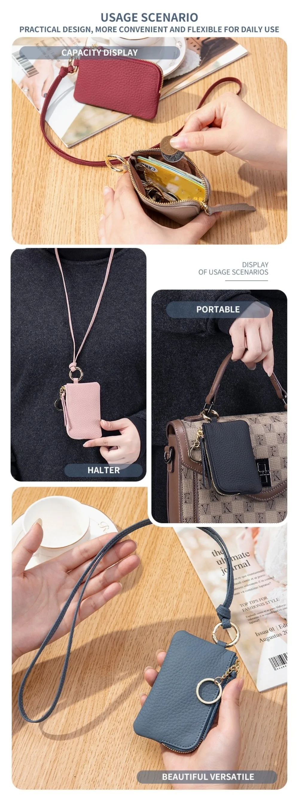 New Cowhide Short Wallet Solid Color Large Capacity Money Clip Lychee Pattern with Necklace Strap Coin Purse Women